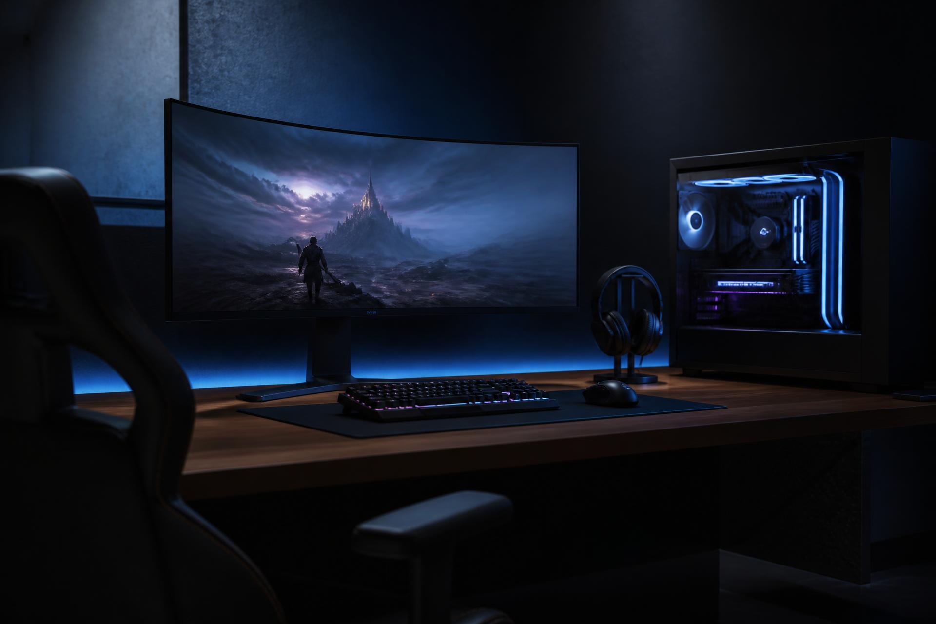 Premium gaming setup in a dark room with a curved monitor, custom PC, mechanical keyboard and headset